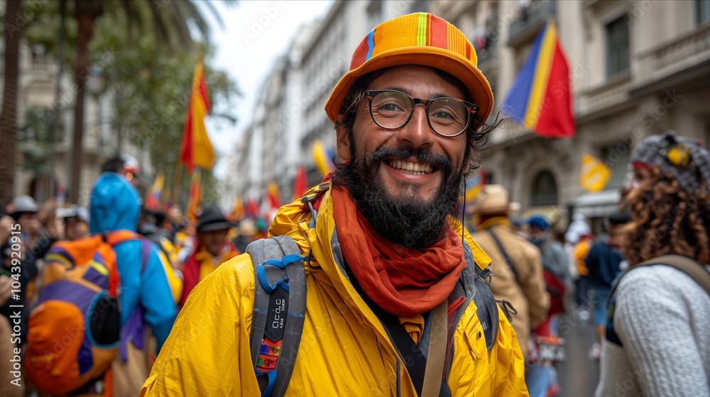 Obraz premium Smiling Participant in a Bright Yellow Jacket and Hat at a Colorful Urban Parade
