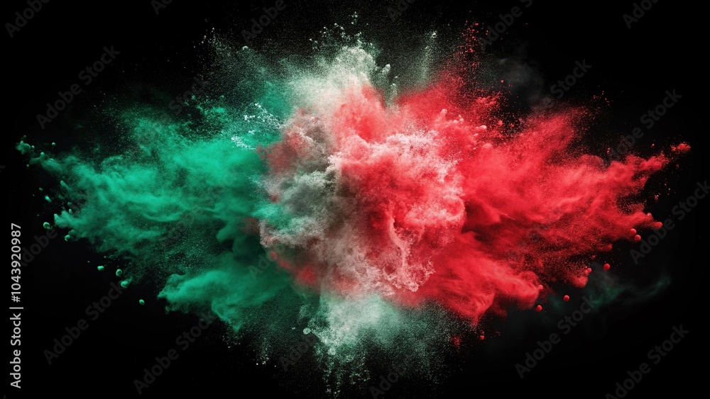Obraz premium Red dust explosion on black background with Bangladeshi tricolor - Close-Up