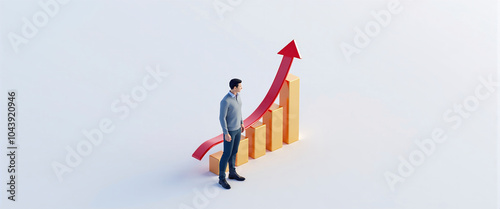 Graphic illustration of a person standing next to a block diagram, constantly growing capital and increasing profit from money deposits, success model