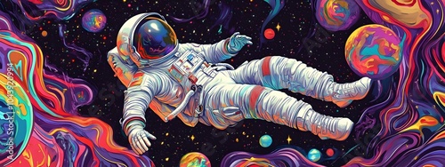 An astronaut floating in space, surrounded by colorful planets and galaxies, illustrated with flat design elements.