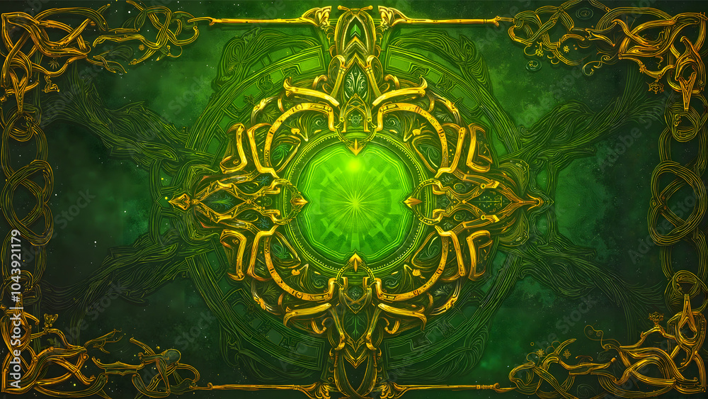 Fototapeta premium Luxurious Celtic Mandala in Emerald Green with Intricate Golden Knotwork Pattern