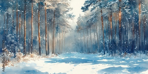  watercolor painting of small clearing in pine forest, with snow gently covering ground and tall trees, evoking calm and winter tranquility.