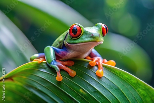 Red eyed tree frog perched on leaf in rainforest