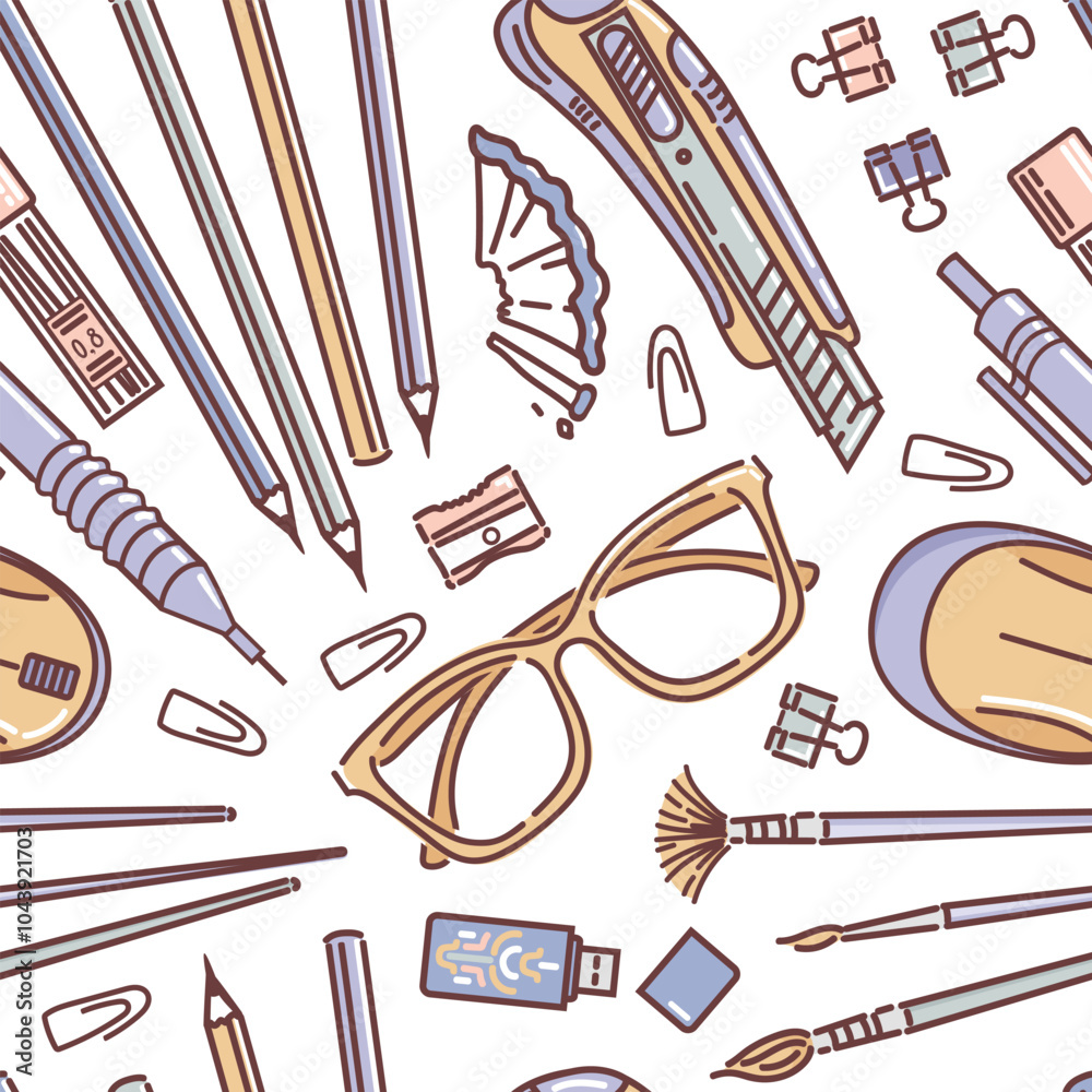 Fototapeta premium A seamless pattern featuring stationery supplies, including pencils, sharpeners, paper clips, USB drives, glasses, cutters, brushes. Ideal for designs related to education, creativity. Back to school