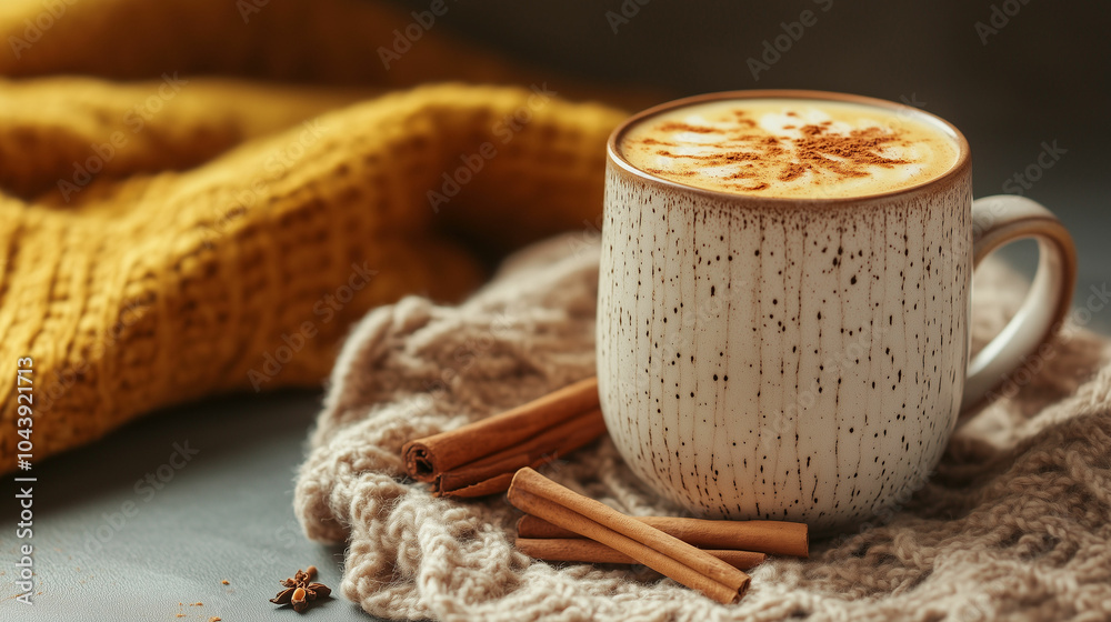 Pumpkin spice latte served in a cozy setting with cinnamon sticks and a warm knitted blanket Pumpkin spice latte served in a cozy setting with cinnamon sticks and a warm knitted blanket