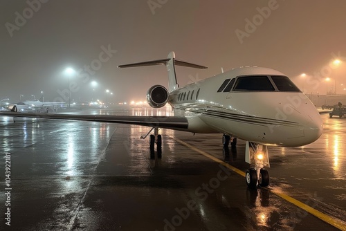 Luxury jet parked at an illuminated airport during a foggy night with wet runway conditions