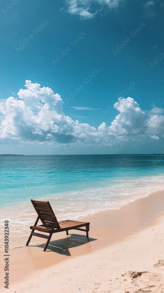 Tranquil beach scene with a wooden chair facing the calm turquoise ocean on a sunny day Tranquil beach scene with a wooden chair facing the calm turquoise ocean on a sunny day