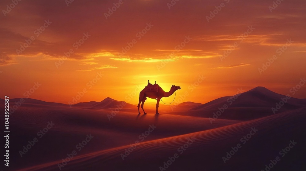 A camel's silhouette against a stunning desert sunset, the warm light highlighting the curves of the dunes. A camel's silhouette against a stunning desert sunset, the warm light highlighting the curves of the dunes.