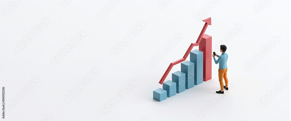 Graphic illustration of a person standing next to a block diagram, constantly growing capital and increasing profit from money deposits, success model Graphic illustration of a person standing next to a block diagram, constantly growing capital and increasing profit from money deposits, success model
