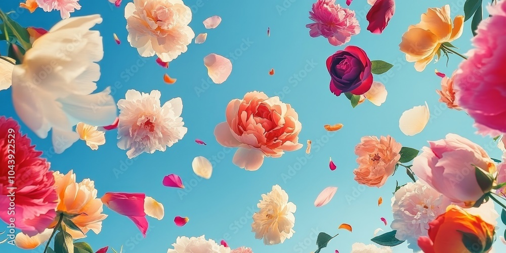 Fototapeta premium A vibrant display of floating flowers illuminated under a clear blue sky during a sunny afternoon in a whimsical nature setting