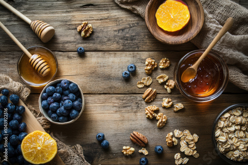 various oatmeal ingredients laid out on a wooden surface photo