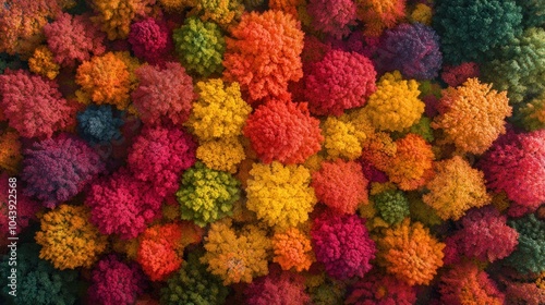 An aerial view of a forest with vibrant fall foliage, showcasing a breathtaking spectrum of reds, oranges, yellows, and greens.