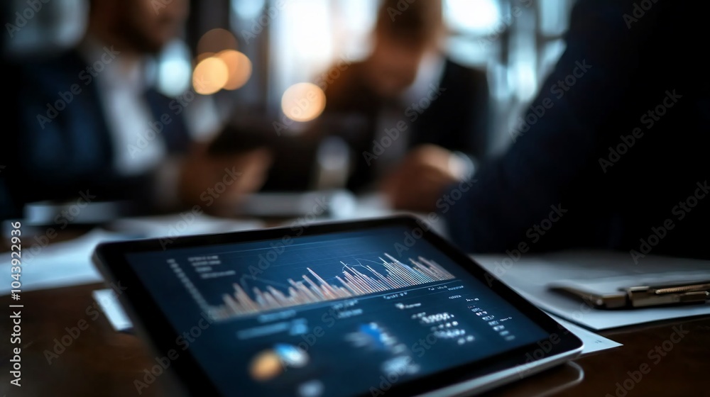 A tablet displaying a graph and other data, sits on a table with papers in front of two blurred businesspeople in the background. A tablet displaying a graph and other data, sits on a table with papers in front of two blurred businesspeople in the background.