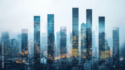 Economic Growth Illustrated as a City Skyline Expanding Upward with Transparent Bar Graph Elements