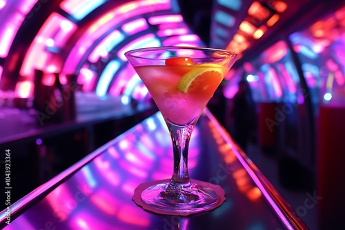 Cocktail in a Martini Glass on a Bar Counter with Neon Lights.