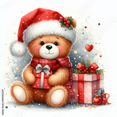 Funny teddy bear in santa hat with christmas gifts. Greeting card. Print. New Year 