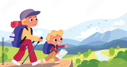 A couple of kids, father and son, family walking in the mountains. Curious children with backpacks walking and exploring the surroundings. A boy and a girl making discoveries.