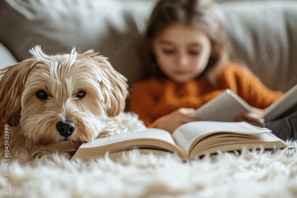 Child and dog bonding over books in cozy setting. Child and dog bonding over books in cozy setting.
