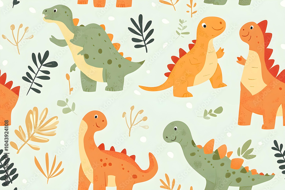 Obraz premium dinosaur seamless pattern tropical kids party textile wallpaper brontosaurus tyrannosaurus illustration decoration
