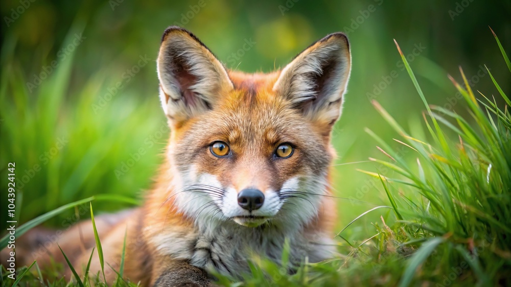 Obraz premium Red fox Vulpes vulpes laying in the grass Extreme Close-Up