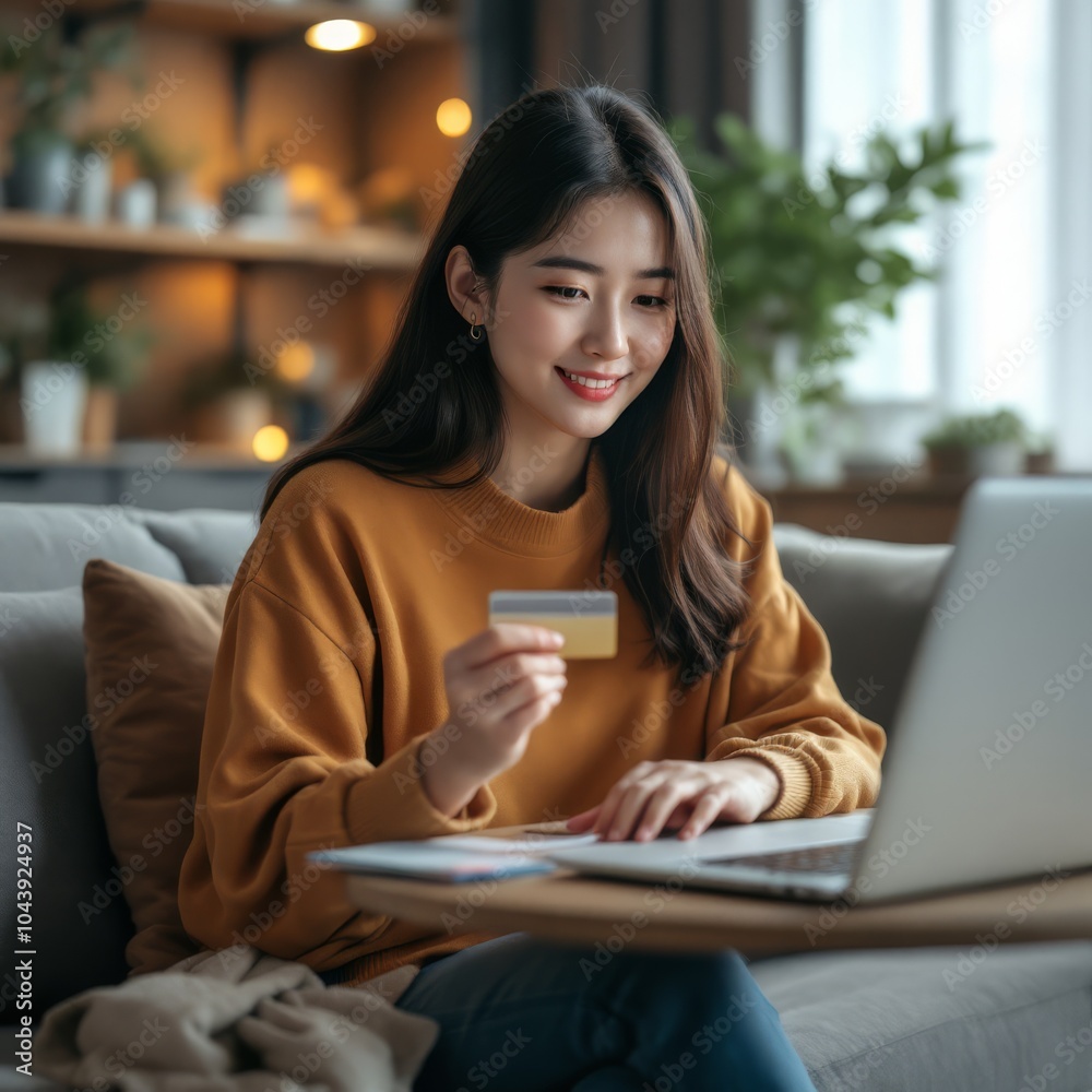 Asian woman sitting and holding credit card for online shopping by laptop and smart phone at home Asian woman sitting and holding credit card for online shopping by laptop and smart phone at home