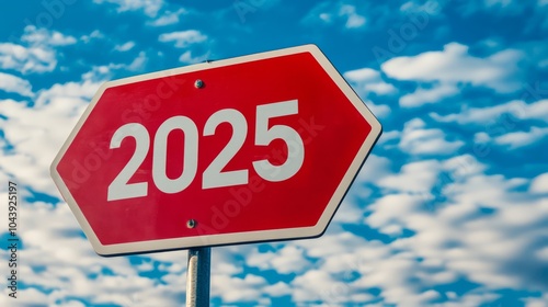 New Year 2025 Sign: A red stop sign with white lettering against a bright blue sky with white clouds, announces the arrival of 2025, symbolizing fresh starts, new beginnings. photo