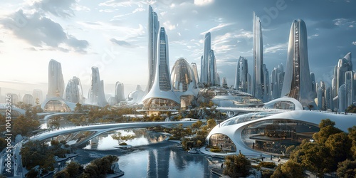  Futuristic cityscape concept with sleek, metallic skyscrapers and sharp angles, representing modern, innovative architectural design.