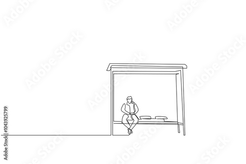 man bus stop waiting thoughtful sad loneliness lonely life one line art design vector