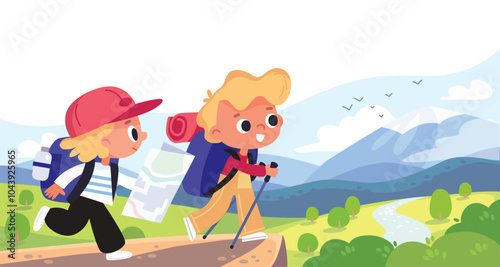 A couple of kids walking in the mountains. Curious children with backpacks walking and exploring the surroundings. A boy and a girl making discoveries.