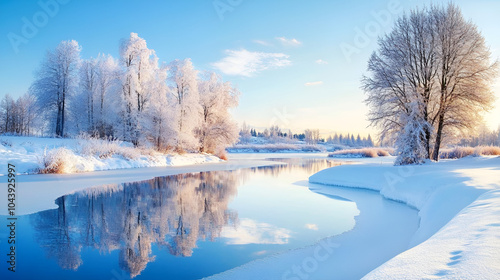 winter landscape with beautiful reflection in the water