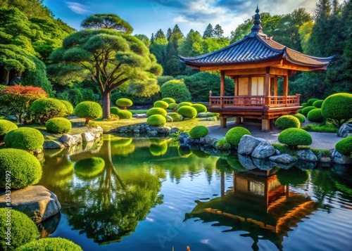 Imagine a serene Japanese garden with a peaceful pond, decorative lanterns, skillfully shaped topiary trees, and a sophisticated pavilion, perfect for quiet contemplation and relaxation.