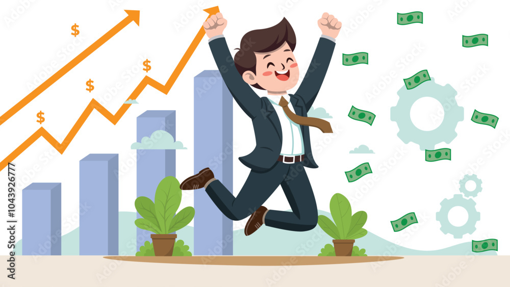 happy business man in profit, trader profit, investment profit icon, Financial benefit, flat vector.