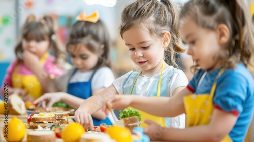 Preschool Cooking Activity with Children Making Sandwiches in a Fun Learning Environment