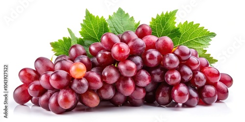 Red grapes with green leaves on white background