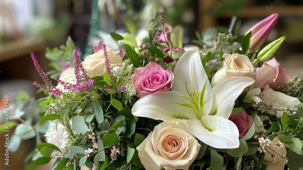 A close-up of a finished floral arrangement, with soft roses, lilies, and greenery delicately arranged by a florist. A close-up of a finished floral arrangement, with soft roses, lilies, and greenery delicately arranged by a florist.