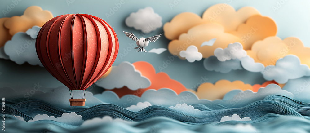 Obraz premium Red Hot Air Balloon Flying Over Paper Clouds and Sea