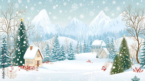 Winter landscape with snow and fir trees as vintage christmas wallpaper