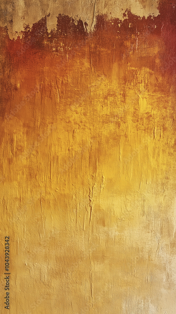 Fototapeta premium Rustic Textured Wall Painted in Autumnal Palette: Golden Yellow, Deep Red, and Rustic Orange with Color Washed Technique