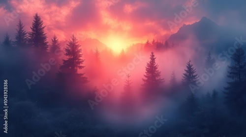 photorealistic illustration of mystical mountains shrouded in fog at dawn creating an ethereal atmosphere with soft diffused light filtering through trees