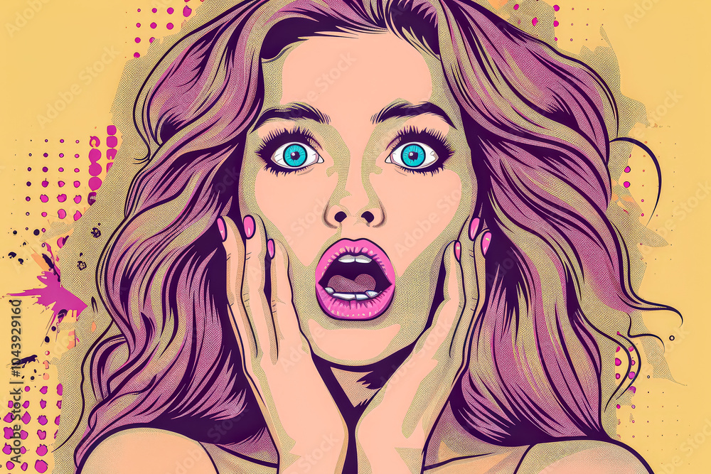 Woman with a red bow in her hair is looking surprised. The image has a bright yellow background and is in a comic style Woman with a red bow in her hair is looking surprised. The image has a bright yellow background and is in a comic style