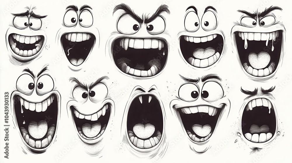 playful retro cartoon character faces drawn in a quirky black and white style showcasing a variety of expressions perfect for nostalgic design themes and fun graphics playful retro cartoon character faces drawn in a quirky black and white style showcasing a variety of expressions perfect for nostalgic design themes and fun graphics