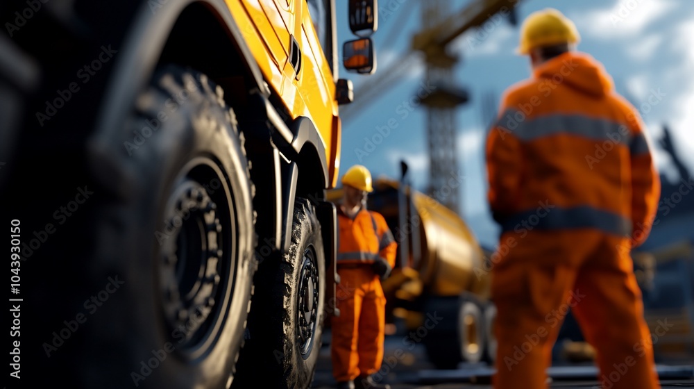 Fototapeta premium Construction workers stand near a large truck at a construction site.