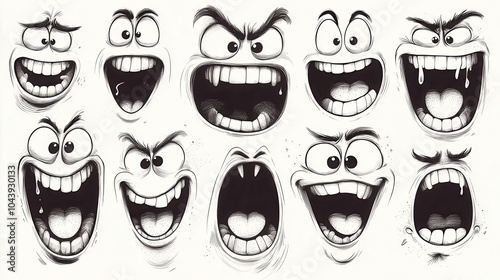 playful retro cartoon character faces drawn in a quirky black and white style showcasing a variety of expressions perfect for nostalgic design themes and fun graphics