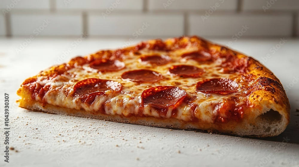 playful slice of pepperoni pizza floating whimsically against a bright white background showcasing its delicious toppings in a fun eyecatching design