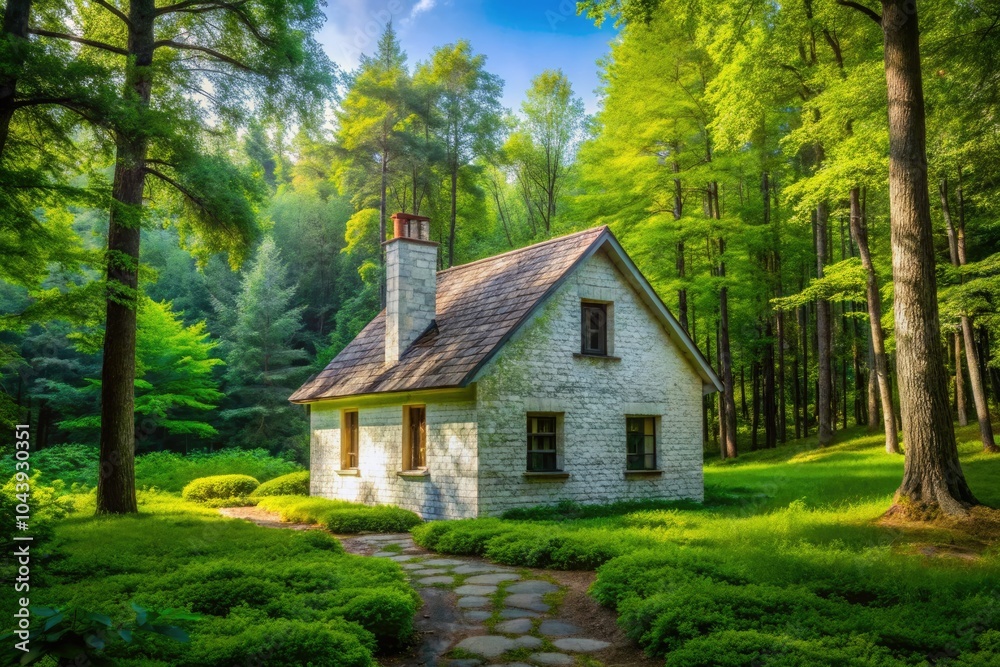 Obraz premium In a tranquil forest, an unfinished white brick house lies abandoned, overgrown with lush green trees, creating a hauntingly beautiful scene full of untold stories.