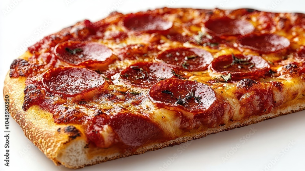 playful slice of pepperoni pizza floating whimsically against a bright white background showcasing its delicious toppings in a fun eyecatching design