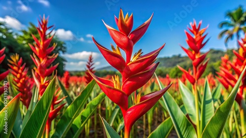 Red Heliconia bihai flowers in full bloom and dried on white background photo