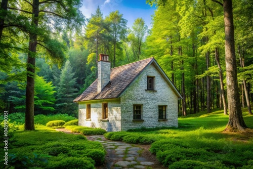 In a tranquil forest, an unfinished white brick house lies abandoned, overgrown with lush green trees, creating a hauntingly beautiful scene full of untold stories. photo