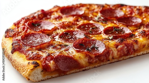 playful slice of pepperoni pizza floating whimsically against a bright white background showcasing its delicious toppings in a fun eyecatching design