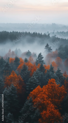 Aerial View of a Misty Autumn Forest with Vibrant Orange Trees Surrounded by Evergreen Foliage